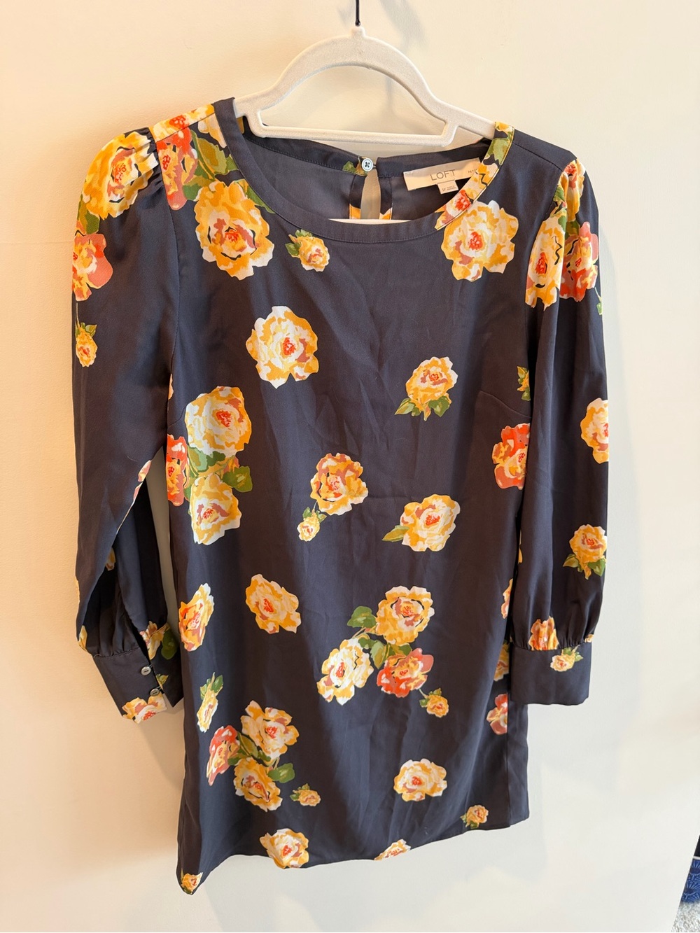 LOFT Navy Floral Long-Sleeve Shift Dress